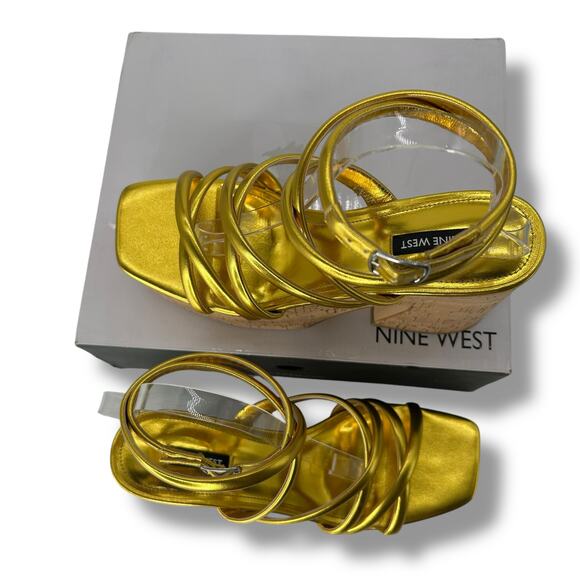 NEW Nine West Strappy Gold Platform Heels Size 10 Square Toe Retro Ankle Wrap - Picture 10 of 12
